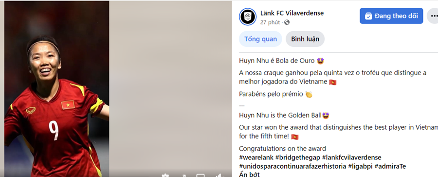 Lank FC chúc mừng Huỳnh Như đoạt QBV Việt Nam theo cách đặc biệt