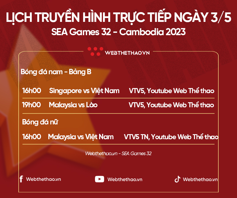 Lịch truyền hình trực tiếp SEA Games 32 trên VTV5, VTV5 Tây Nguyên ngày 3/5