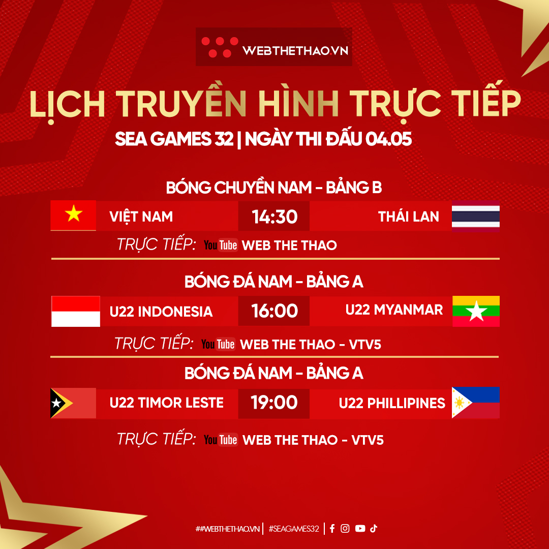 Lịch truyền hình trực tiếp SEA Games 32 ngày 4/5