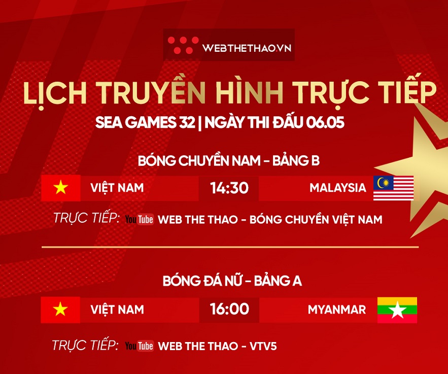 Lịch truyền h&igrave;nh trực tiếp SEA Games 32 ng&agrave;y 6/5 tr&ecirc;n VTV5
