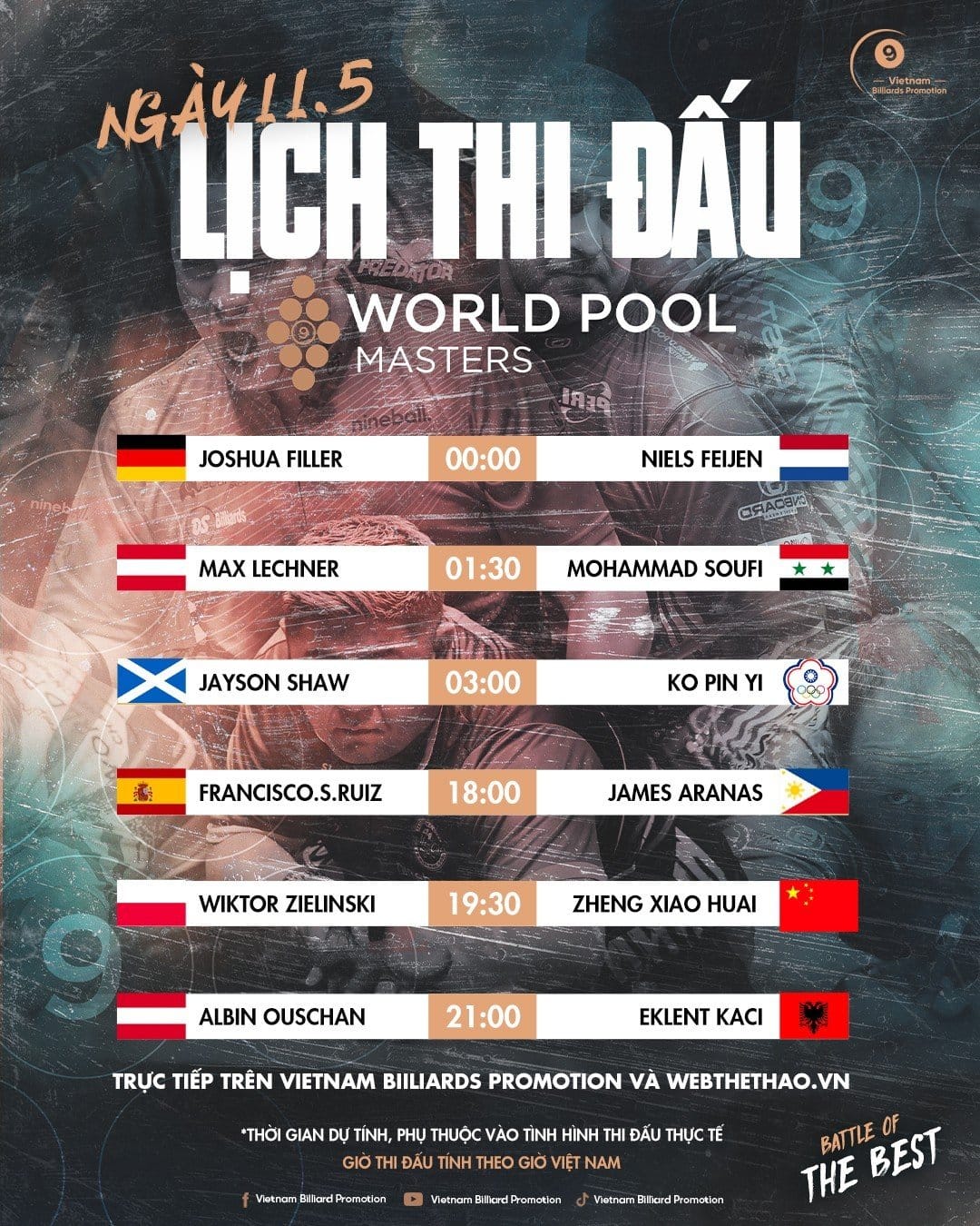 Lịch thi đấu, phát sóng trực tiếp World Pool Masters 2023