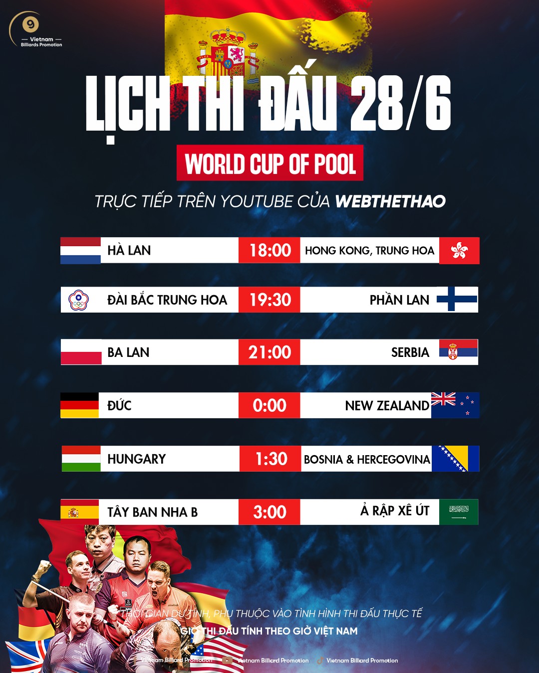 Lịch thi đấu World Cup of Pool 2023 hôm nay 28/6