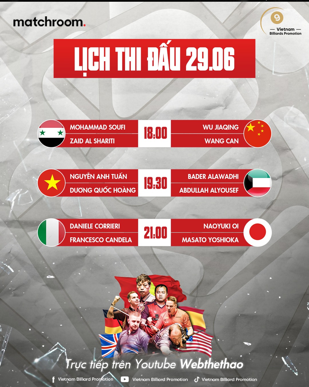 Lịch thi đấu bida thế giới World Cup of Pool 2023 ngày 29/6