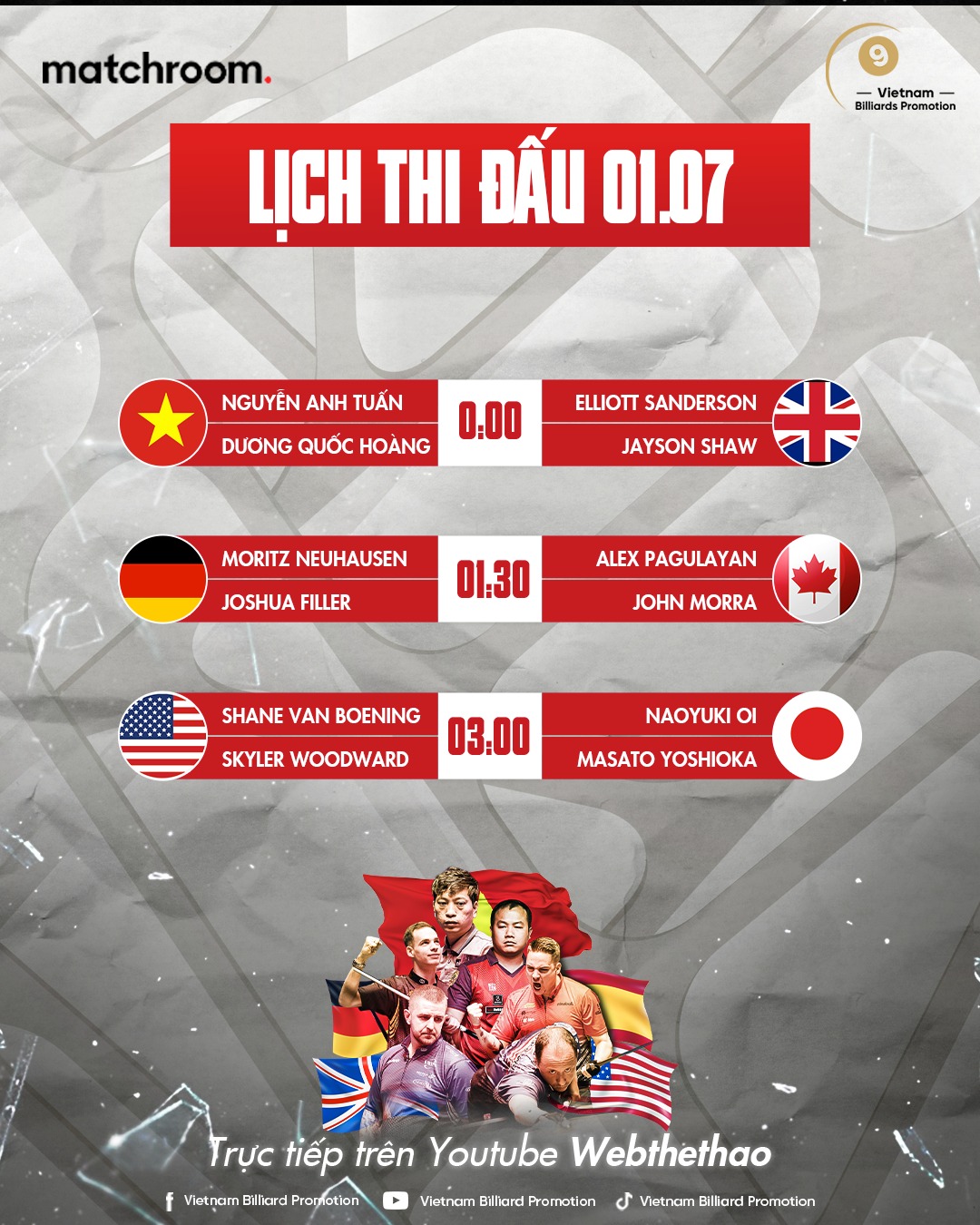 Lịch thi đấu Bida thế giới World Cup of Pool 2023 ngày 1/7