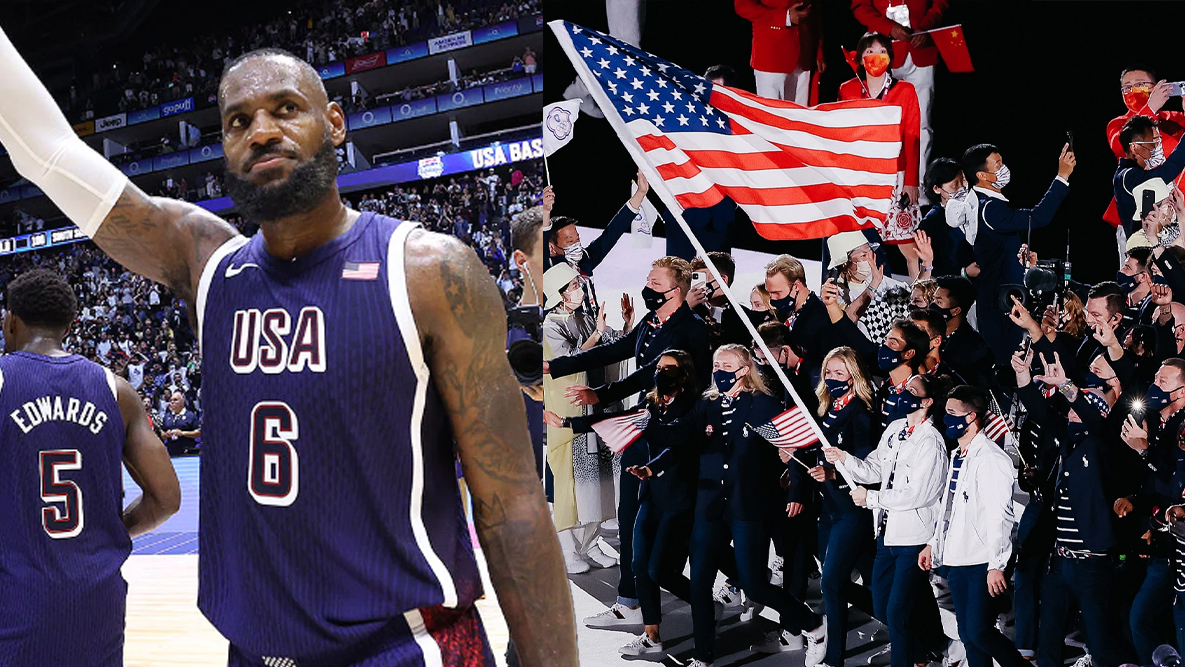 Si&ecirc;u sao b&oacute;ng rổ LeBron James cầm cờ đo&agrave;n thể thao Mỹ tại lễ khai mạc Olympic Paris 2024