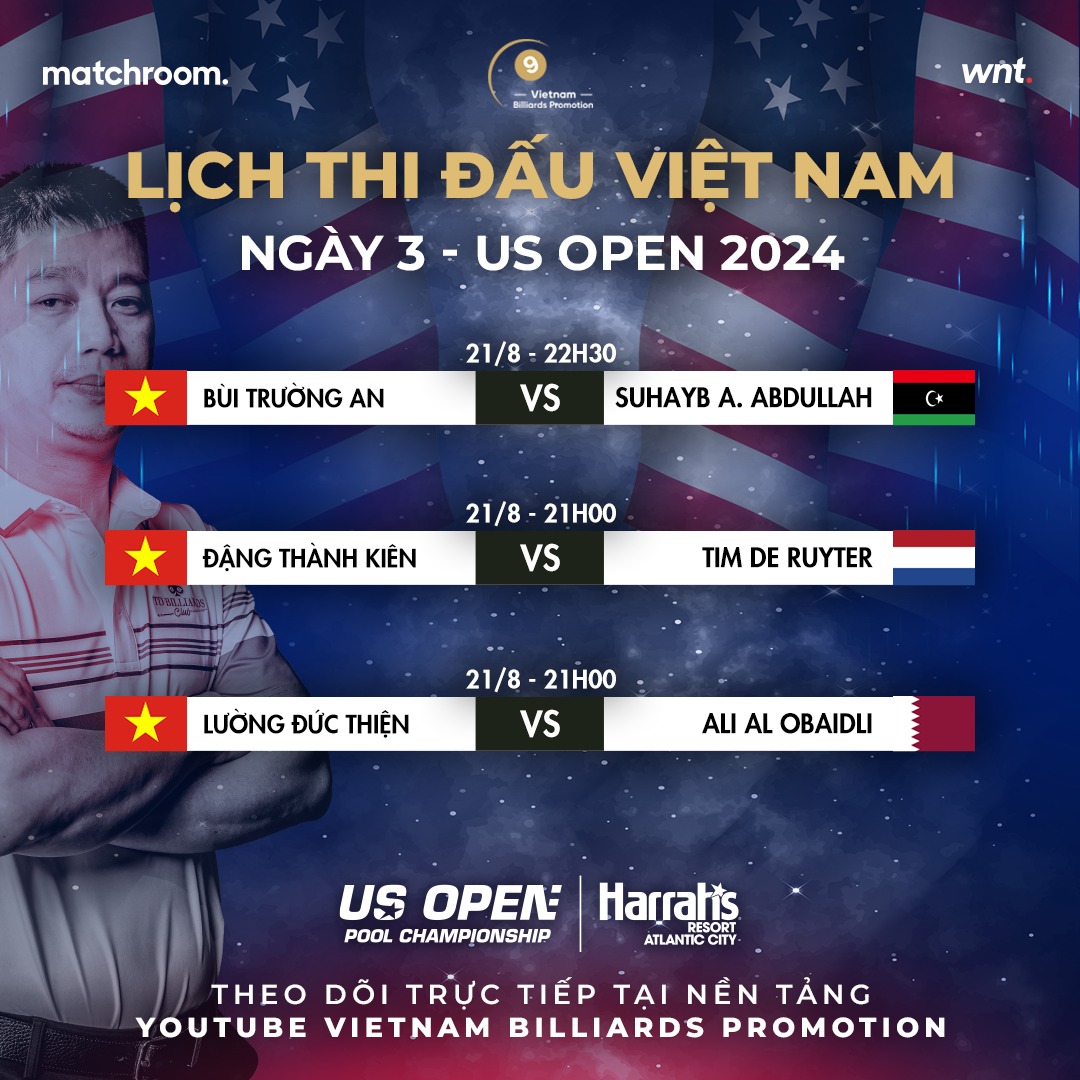 Lịch thi đấu US Open Pool Championship 2024 ngày 21/8: Việt Nam còn 6 đại diện