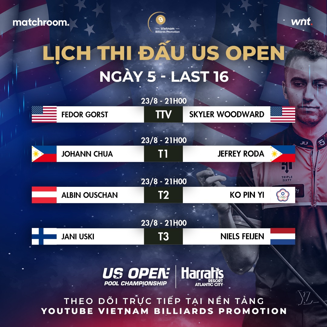 TRỰC TIẾP US Open Pool ngày 23/8: Tâm điểm Alcaide đấu Joshua Filler