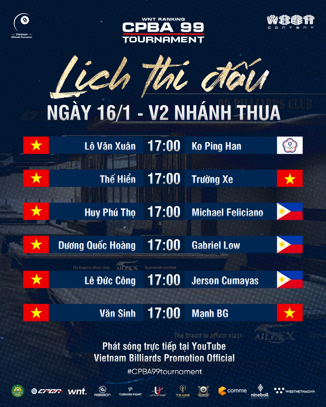 Trực tiếp CPBA 99 Tournament ngày 16/1: Hoàng sao, Kiên magic tìm cơ hội ở nhánh thua