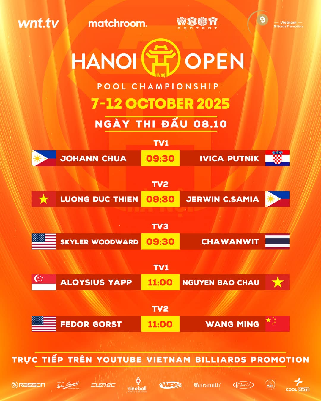 Lịch thi đấu, kênh trực tiếp Hanoi Open Pool 2025 mới nhất ngày 8/10