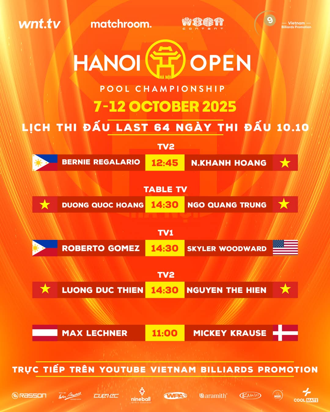 Trực tiếp vòng Last 64 Hanoi Open Pool 2025 ngày 10/10: Dương Quốc Hoàng vs Roberto Gomez
