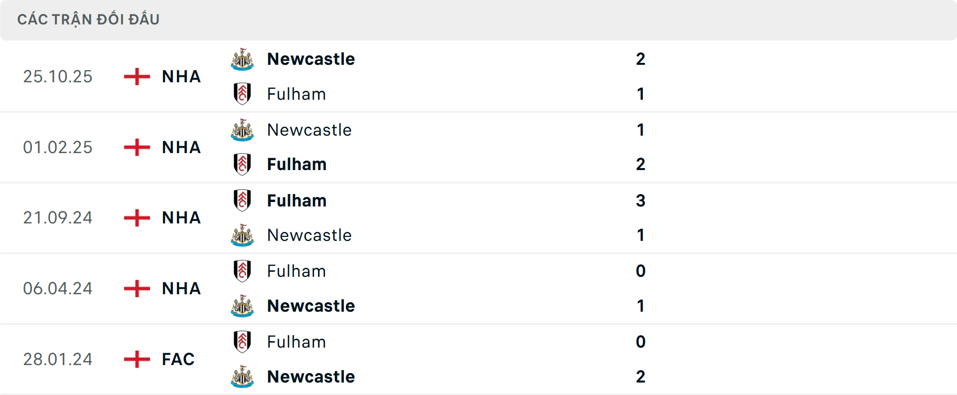 Lịch sử đối đầu Newcastle vs Fulham