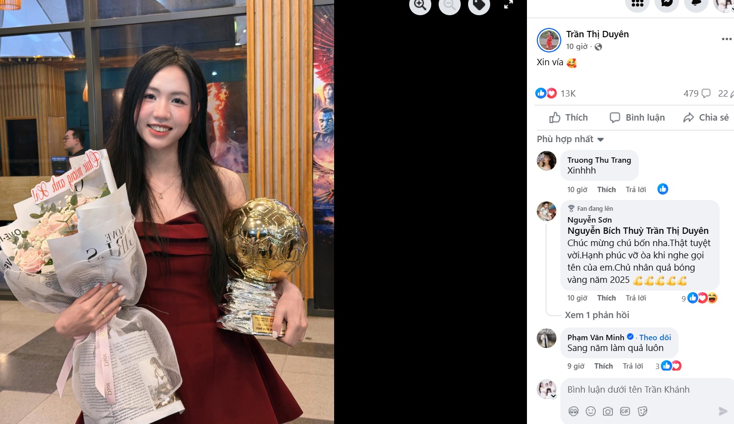 Hotgirl Trần Thị Duyên “xin vía” Quả bóng Vàng của Bích Thùy