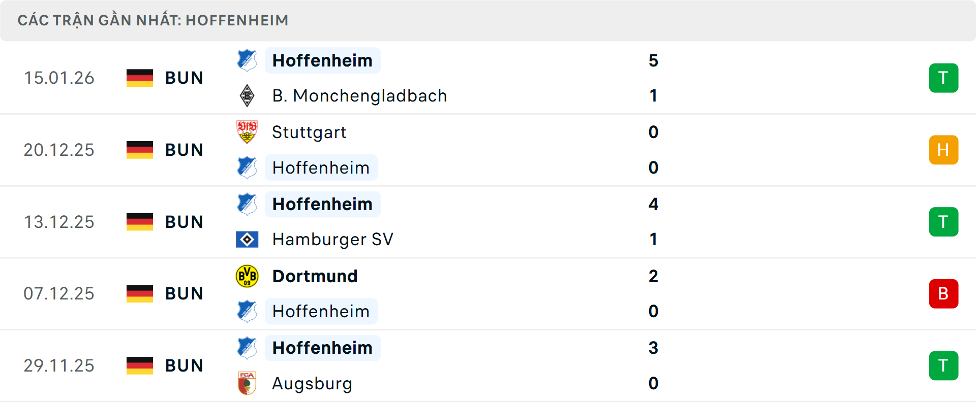 Phong độ Hoffenheim 5 trận gần nhất&nbsp;