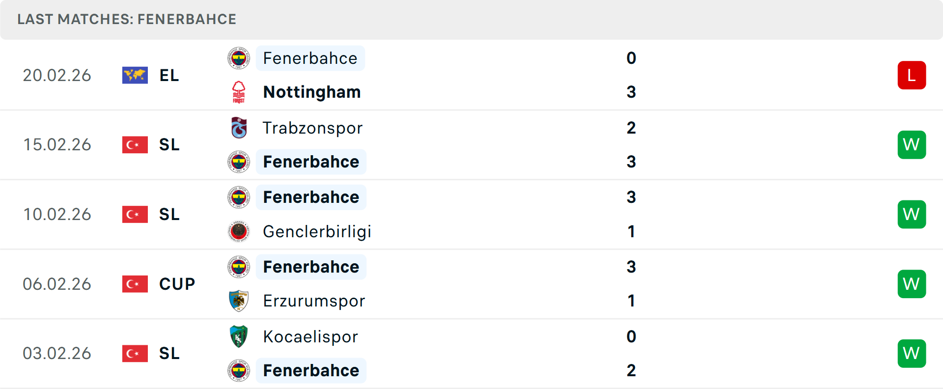 Phong độ Fenerbahce 5 trận gần nhất