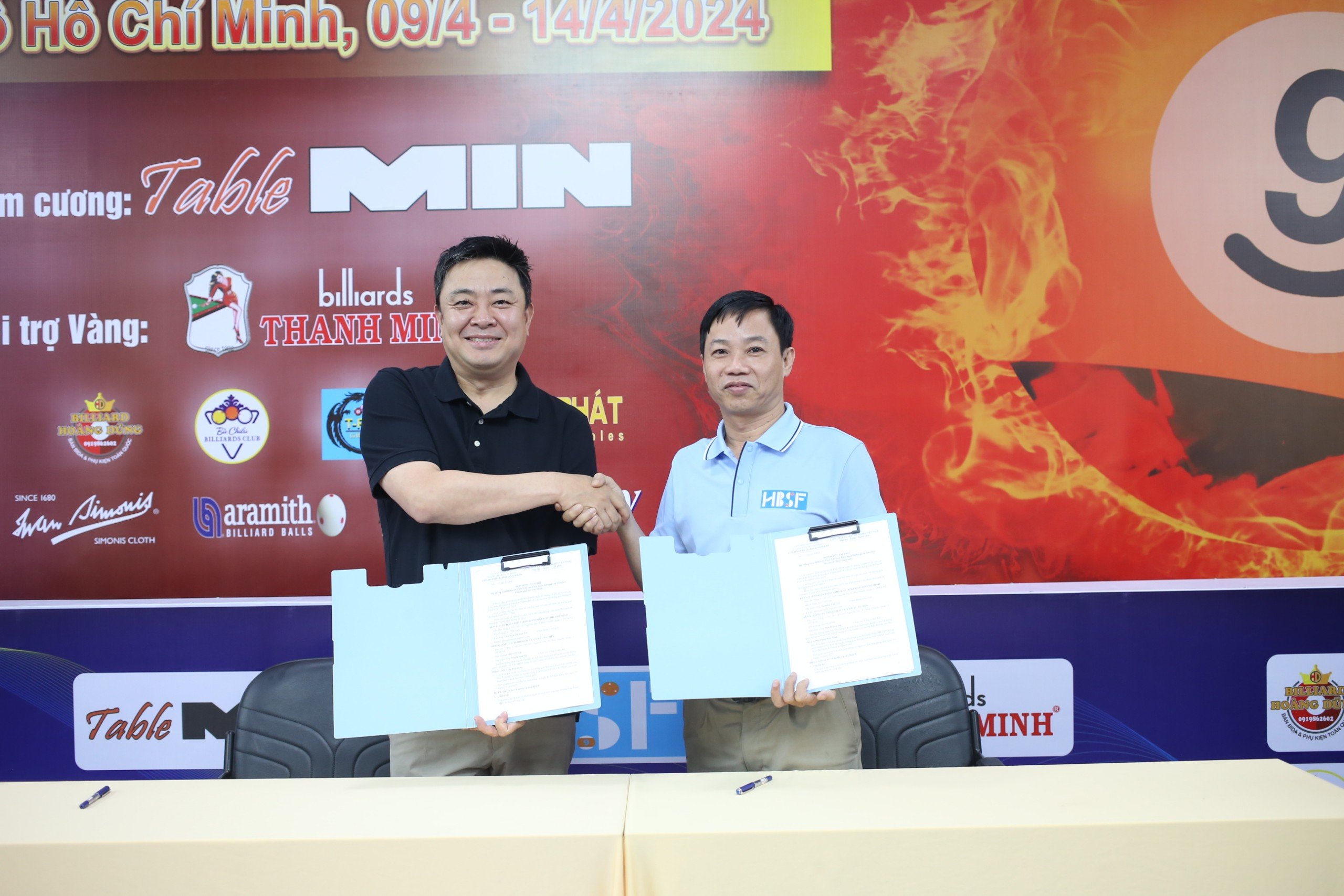 Ký kết ghi nhận tài trợ hệ thống giải Billiards Pool 9 Bi HBSF năm 2024 Cúp Min Table ngày khai mạc Tour 1