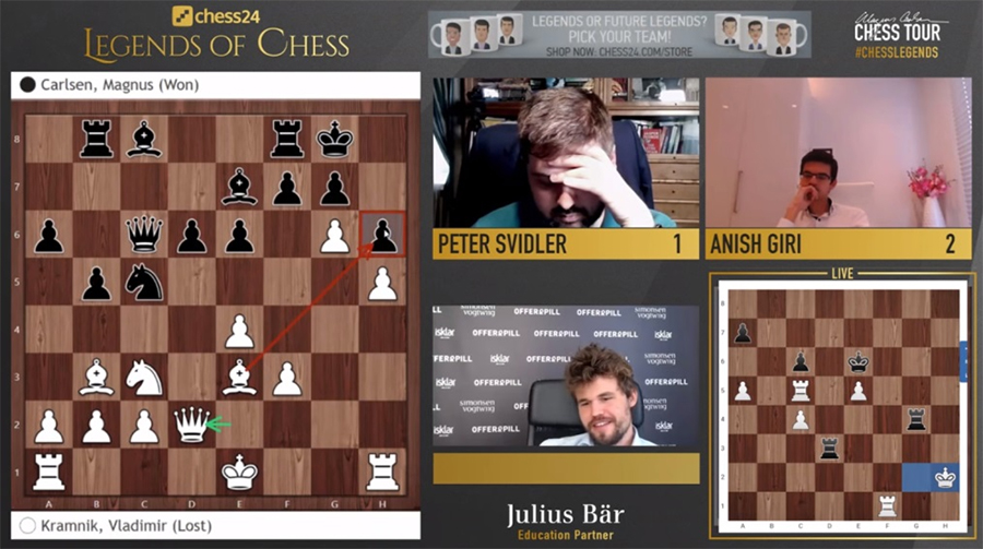 Kết quả giải cờ vua Legends of Chess ngày 29/7: Carlsen xóa tên Kramnik!