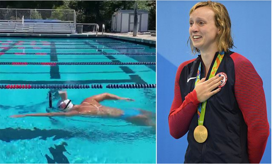 Siêu kình ngư Mỹ Katie Ledecky với thách thức bơi cùng ly sữa trên đầu!