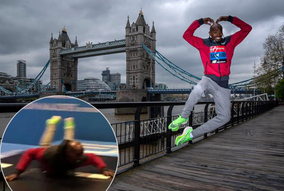 Mo Farah ngã sấp mặt hai lần trên máy chạy có tốc độ kỷ lục thế giới của Kipchoge