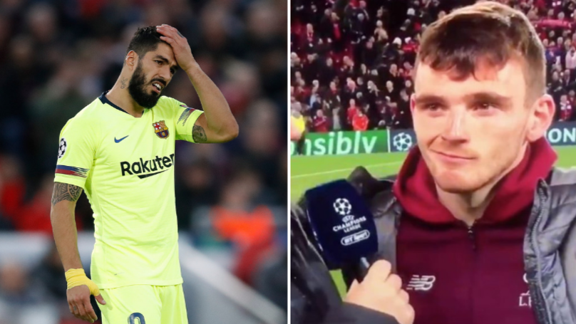 Chơi xấu, Suarez bị Andy Robertson "troll" sấp mặt sau khi Liverpool đả bại Barca