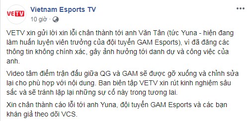 Tin Esports 25/07: VETV công khai xin lỗi Yuna vì Trashtalk Tin Esports 25/07: VETV công khai xin lỗi Yuna vì Trashtalk
