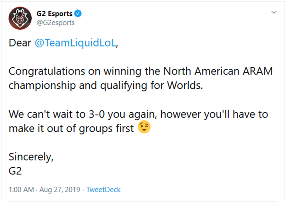 Lên ngôi vô địch LCS, Team Liquid bị G2 cà khịa cực mạnh Lên ngôi vô địch LCS, Team Liquid bị G2 cà khịa cực mạnh