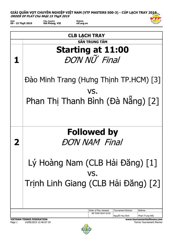 Lịch thi đấu ngày 15/9 Giải quần vợt VTF Masters 500 -3