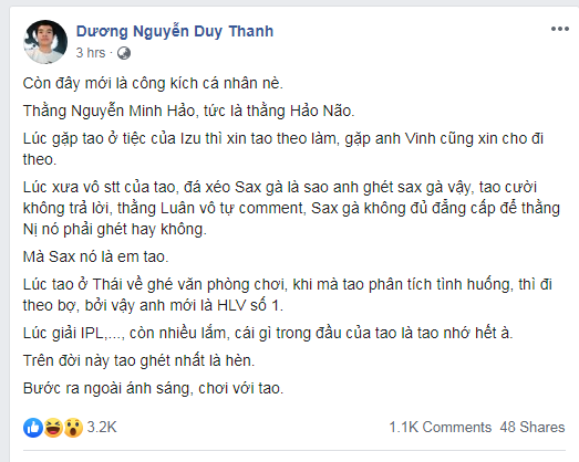 Tinikun tiếp tục chỉ trích VETV và Hoàng Luân, gọi HLV của LK là Hèn