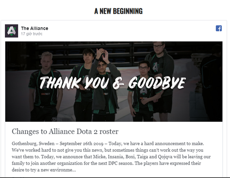 Đế chế Alliance Dota 2 tan rã trước mùa giải mới