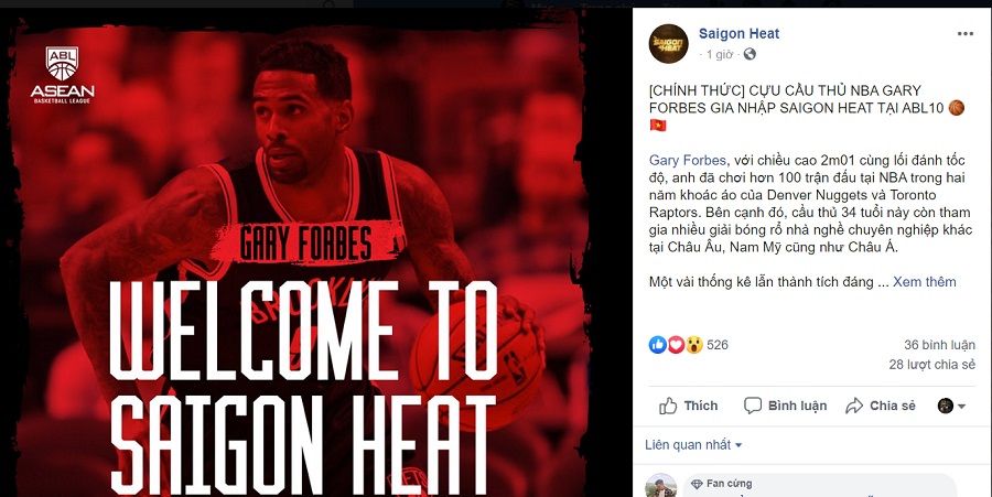 Ngoại binh thứ 2: Gary Forbes chính thức gia nhập Saigon Heat tại ABL 10