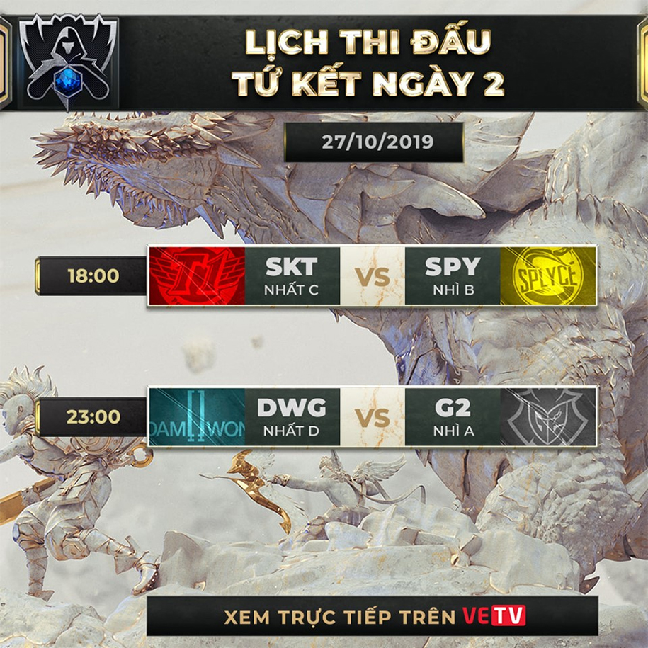 Lịch thi đấu CKTG 2019 hôm nay (27/10): Tứ kết SKT vs SPY