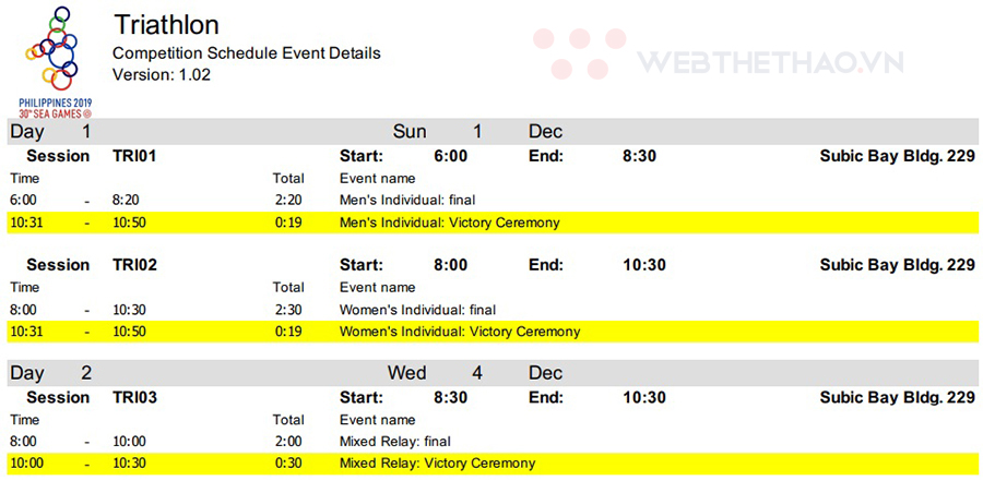 Lịch thi đấu 3 môn, 2 môn phối hợp SEA Games 30 Lịch thi đấu 3 môn, 2 môn phối hợp SEA Games 30