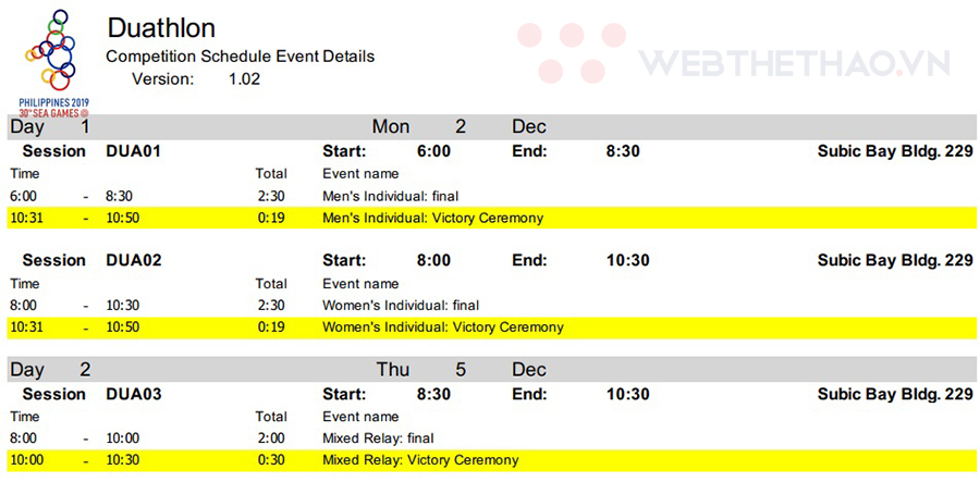 Lịch thi đấu 3 môn, 2 môn phối hợp SEA Games 30 Lịch thi đấu 3 môn, 2 môn phối hợp SEA Games 30