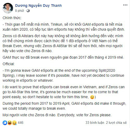 Tinikun rời GAM sau VCS Mùa Xuân 2020