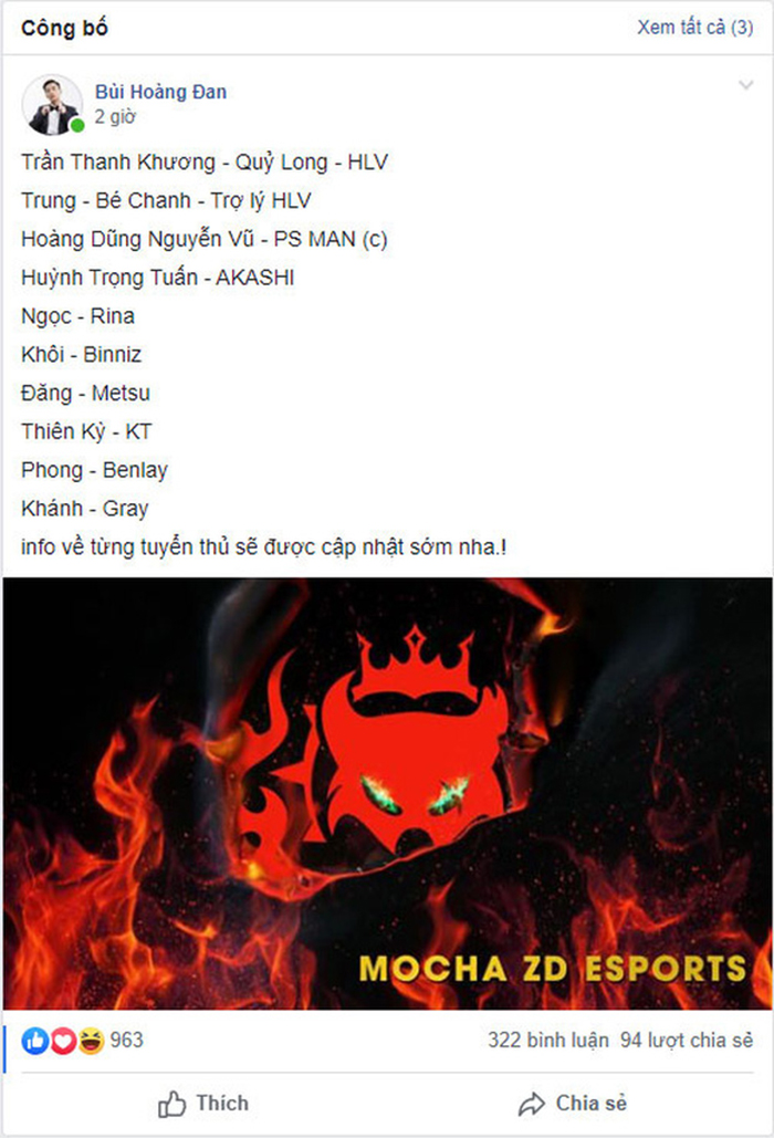 Đội hình Mocha ZD Esports 2020: Bé Chanh trở lại