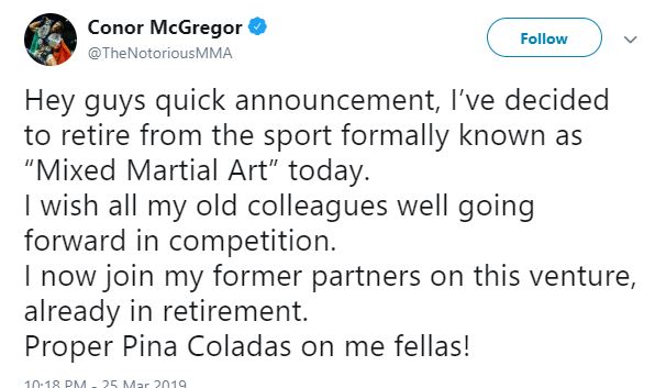 CHÍNH THỨC: Conor McGregor giải nghệ MMA CHÍNH THỨC: Conor McGregor giải nghệ MMA