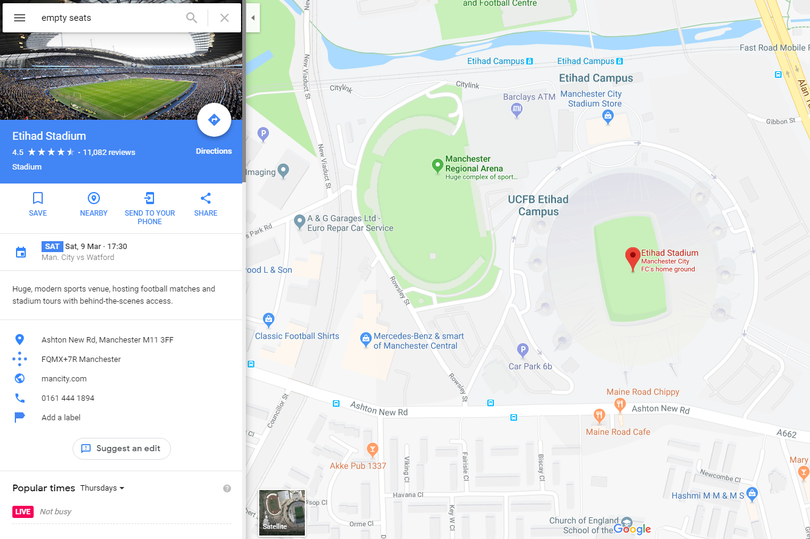 Google chơi xỏ khi biến Etihad của Man City thành Emptyhad