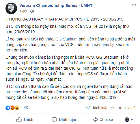 VCS Hè 2019 lùi lịch khai mạc sang ngày 20/06/2019