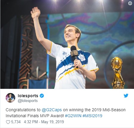Caps nhận danh hiệu MVP trong trận chung kết MSI 2019 Caps nhận danh hiệu MVP trong trận chung kết MSI 2019