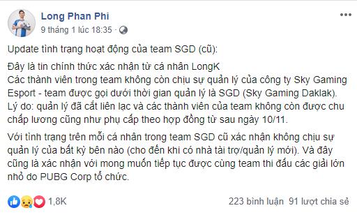 Đội tuyển PUBG Sky Gaming Daklak phải giải thể vì nợ lương