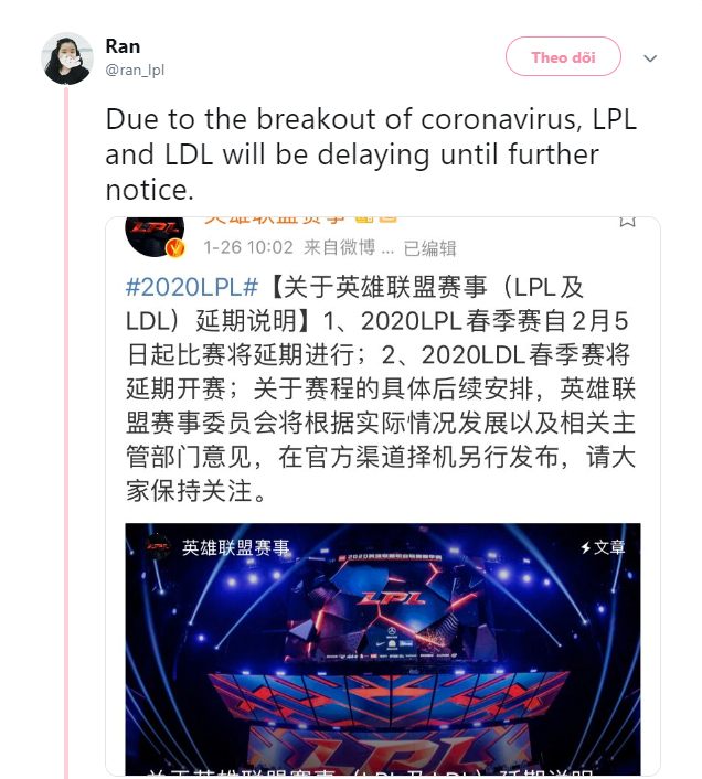 LPL Mùa Xuân 2020 chính thức bị hoãn lại vì dịch Corona