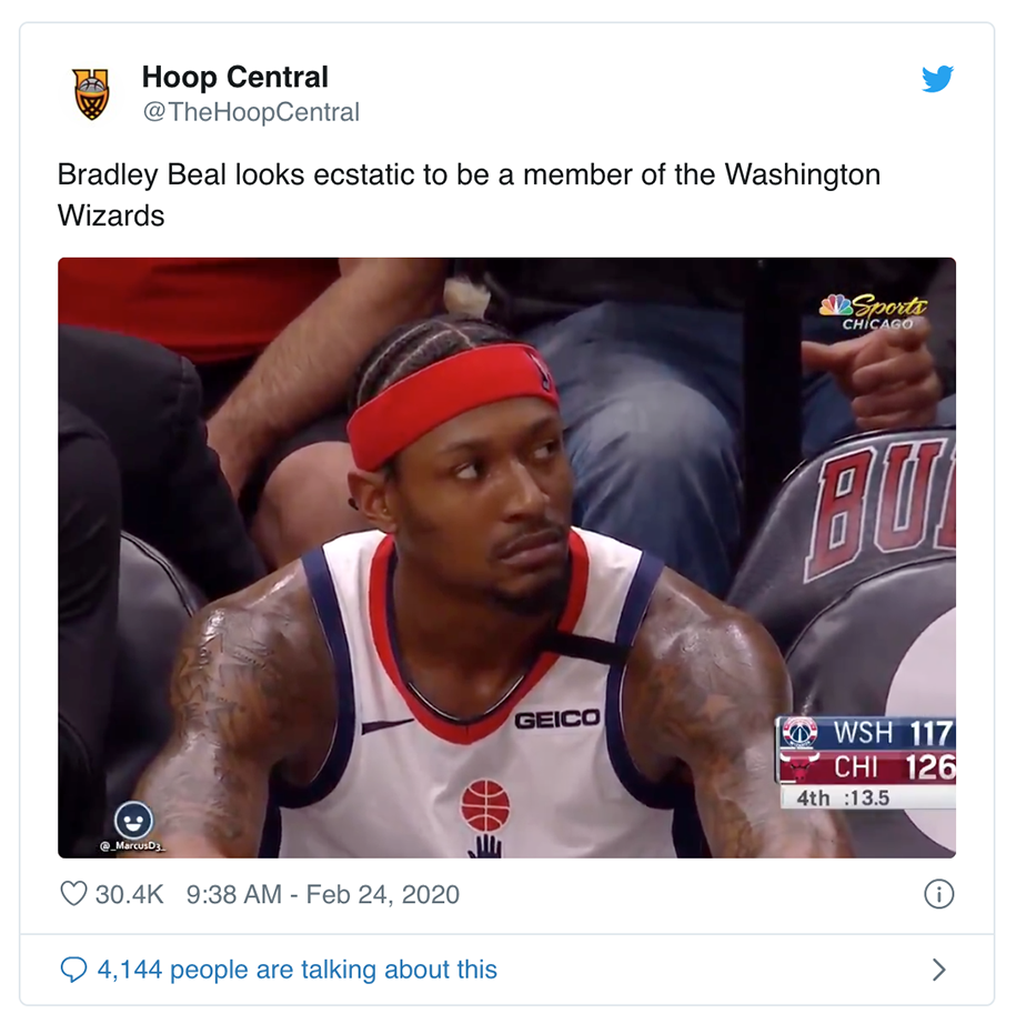 Bradley Beal tái hiện kỳ tích của Kobe Bryant nhưng lại biến thành meme bất đắc dĩ Bradley Beal tái hiện kỳ tích của Kobe Bryant nhưng lại biến thành meme bất đắc dĩ