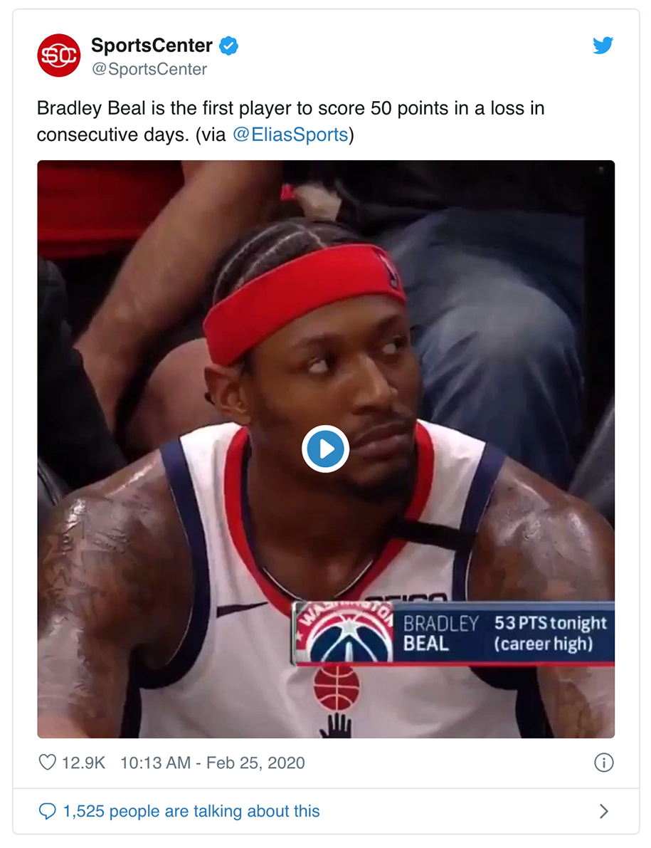 Bradley Beal tái hiện kỳ tích của Kobe Bryant nhưng lại biến thành meme bất đắc dĩ Bradley Beal tái hiện kỳ tích của Kobe Bryant nhưng lại biến thành meme bất đắc dĩ