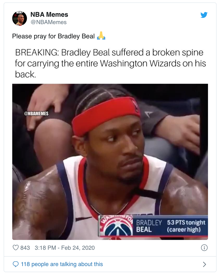 Bradley Beal tái hiện kỳ tích của Kobe Bryant nhưng lại biến thành meme bất đắc dĩ Bradley Beal tái hiện kỳ tích của Kobe Bryant nhưng lại biến thành meme bất đắc dĩ