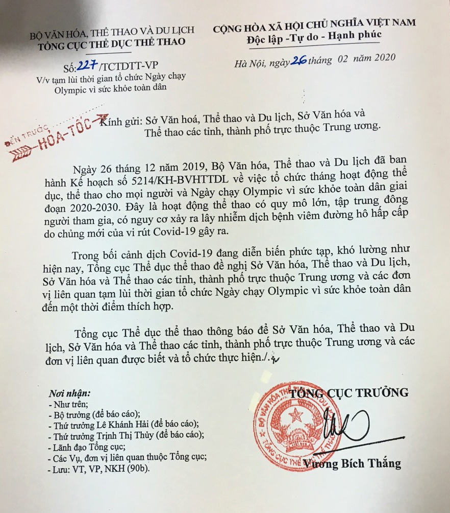 Ngày chạy Olympic vì sức khỏe toàn dân 2020 bị lùi tổ chức vì dịch cúm virus corona