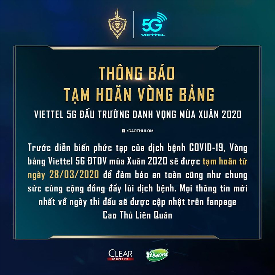 Đấu Trường Danh Vọng Mùa Xuân 2020 tạm hoãn vì dịch COVID-19
