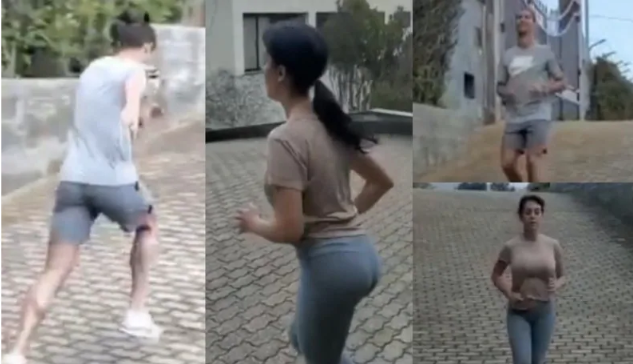 Ronaldo tập cùng bạn gái quyến rũ trong khuôn viên biệt thự