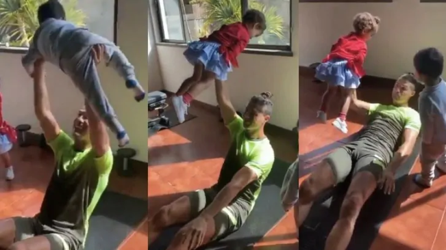 Hình ảnh đáng yêu Cristiano Ronaldo tập luyện với các con