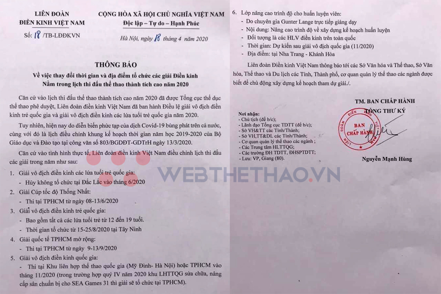 Thay đổi lịch thi đấu các giải thuộc hệ thống quốc gia của điền kinh Việt Nam năm 2020