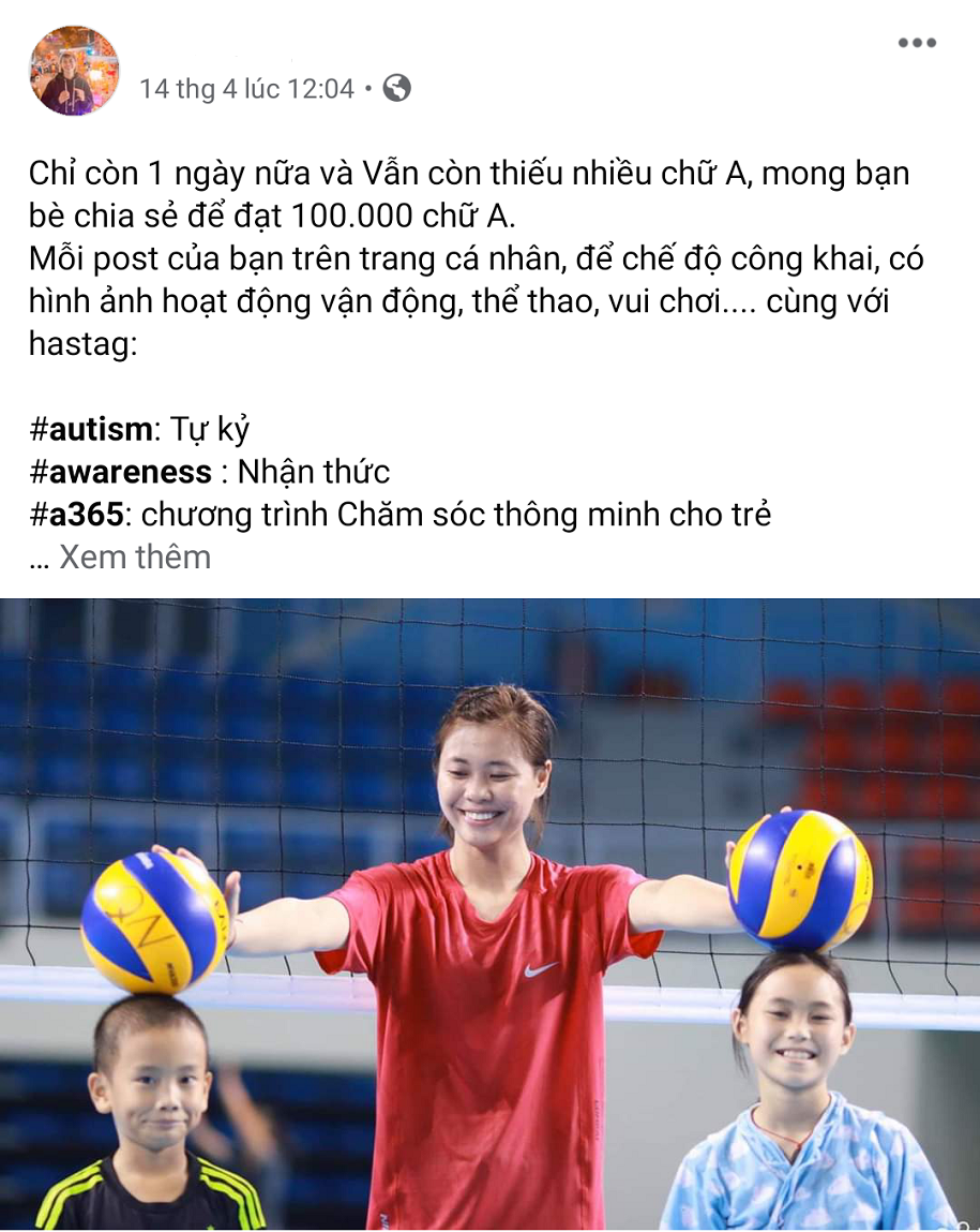 Sao bóng chuyền chia sẻ hashtag “3 chữ A” ủng hộ trẻ tự kỷ Sao bóng chuyền chia sẻ hashtag “3 chữ A” ủng hộ trẻ tự kỷ