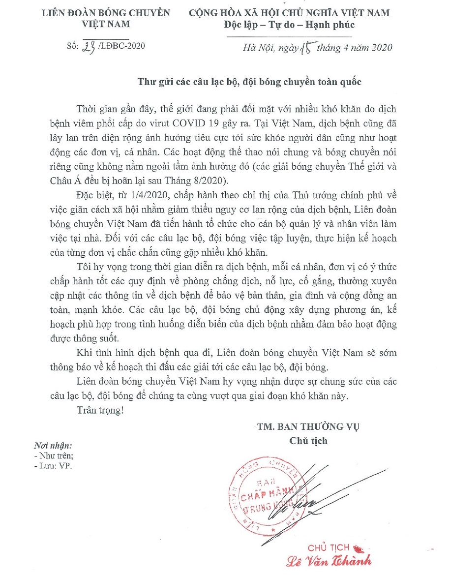 Liên đoàn bóng chuyền gửi thư động viên các CLB trong dịp cách ly xã hội Liên đoàn bóng chuyền gửi thư động viên các CLB trong dịp cách ly xã hội
